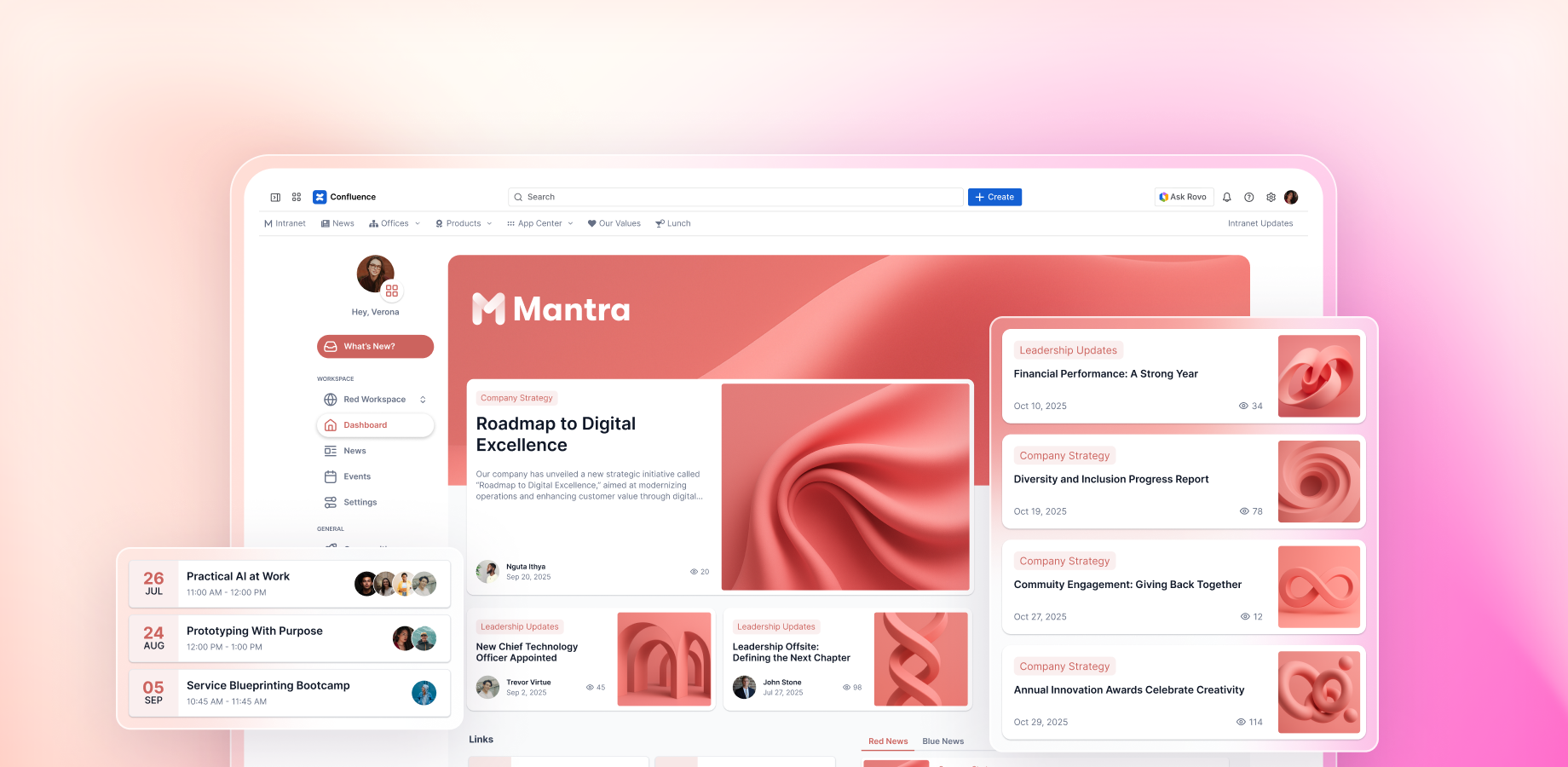 Screenshot showing various Mantra dashboard layouts with widgets for news, events, polls, celebrations, and social feeds – fully customizable to match your corporate branding.