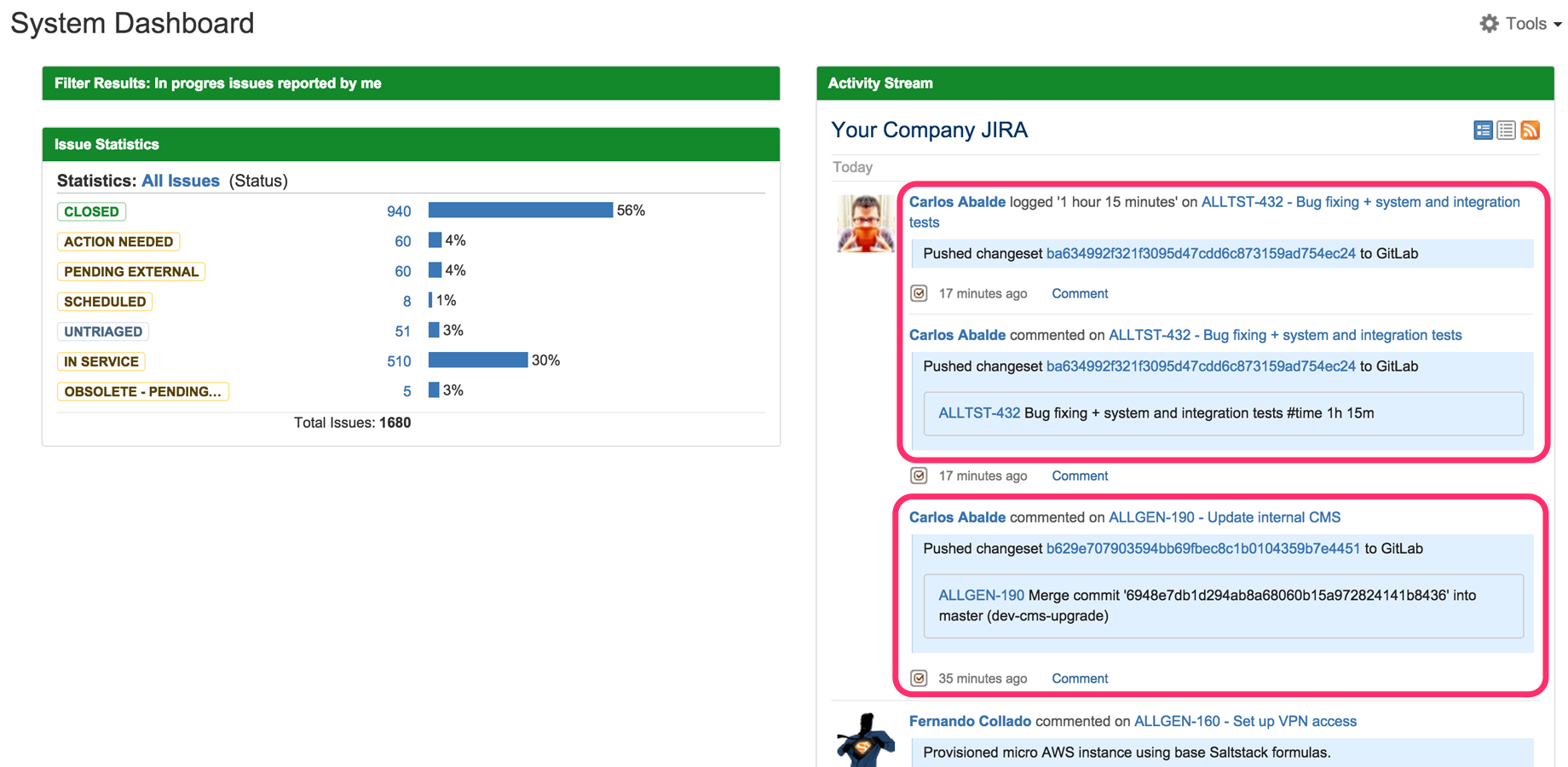 Include Jira issues in your commit messages, push changesets to GitLab CE / EE, and automatically generate Jira comments, work logs, workflow transitions... referencing those changesets and linked to Jira users.