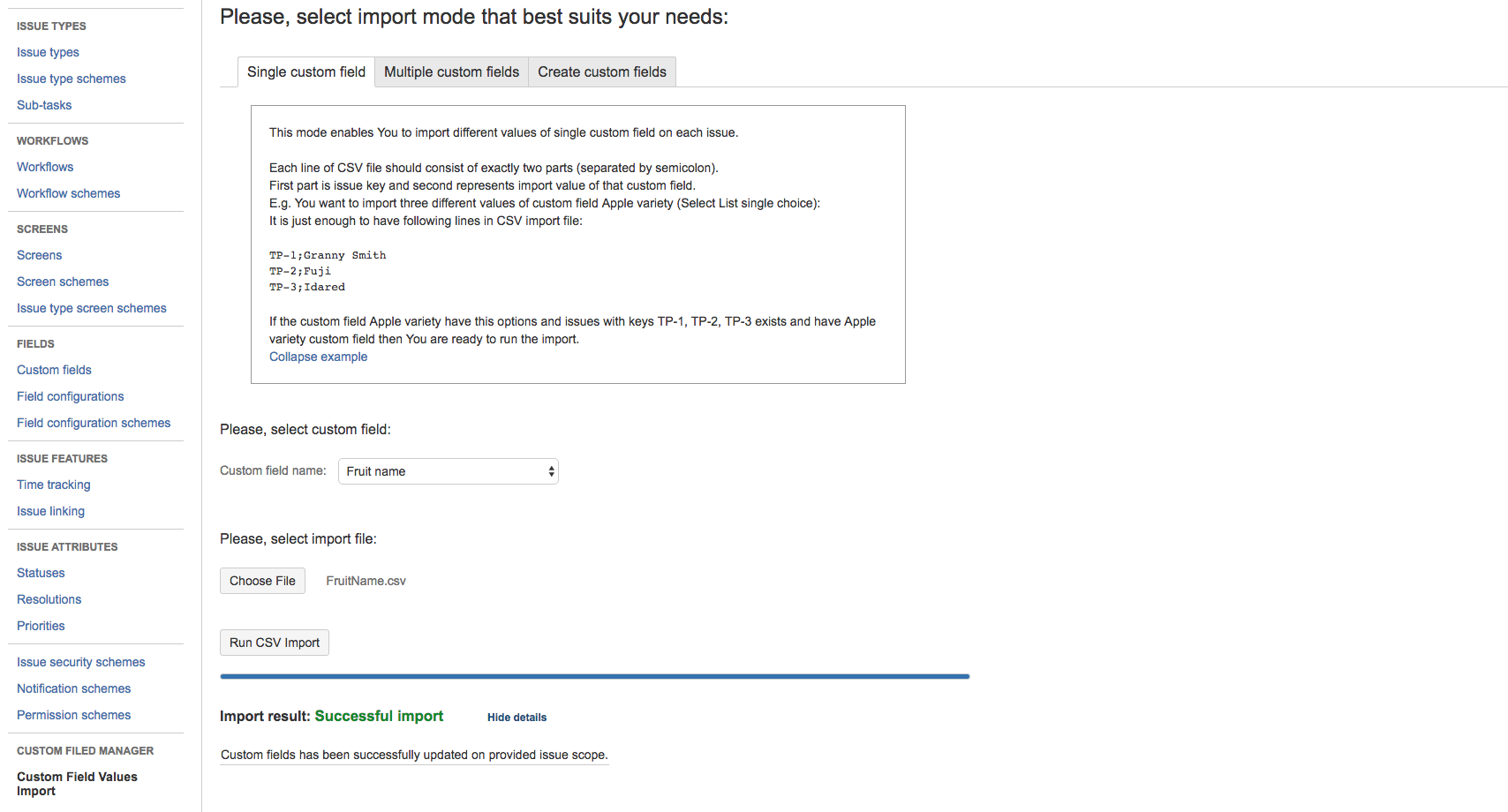 Single Custom Field import option