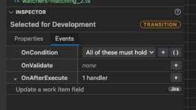 The inspector for a transition, showing the three sections and a rule linked to a script.