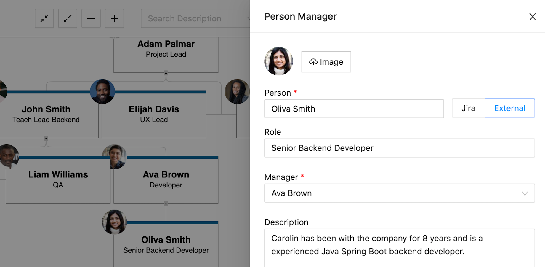 Quickly add a Jira user or any external person. Upload a user image or select the Jira thumbnail.