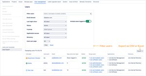 Filter and export users as CSV or Excel