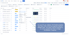 List view for your releases with flexible grouping and filters. Most of the key properties could be changed inline. The output could be exported to .csv to be imported into Excel or Google Spreadsheet if required.