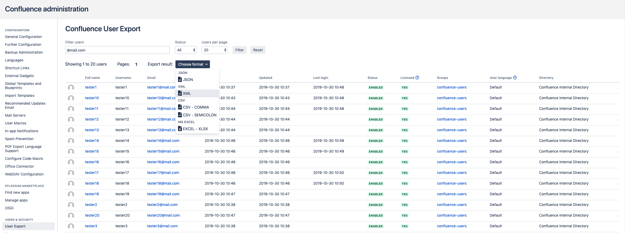 Confluence User Export file formats