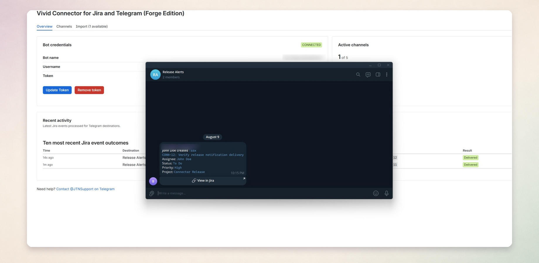 A Jira issue-created notification in Telegram showing the issue key, summary, assignee, status, priority, project, and a View in Jira button.