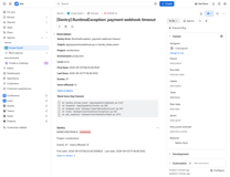 A created Jira issue: error metadata, top stack frames and the Sentry panel with live status
