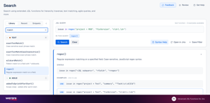 Function library with live search: every JQL function carries syntax, a plain-English description and click-to-use examples, so regex or wildcard matching takes one click, not documentation.