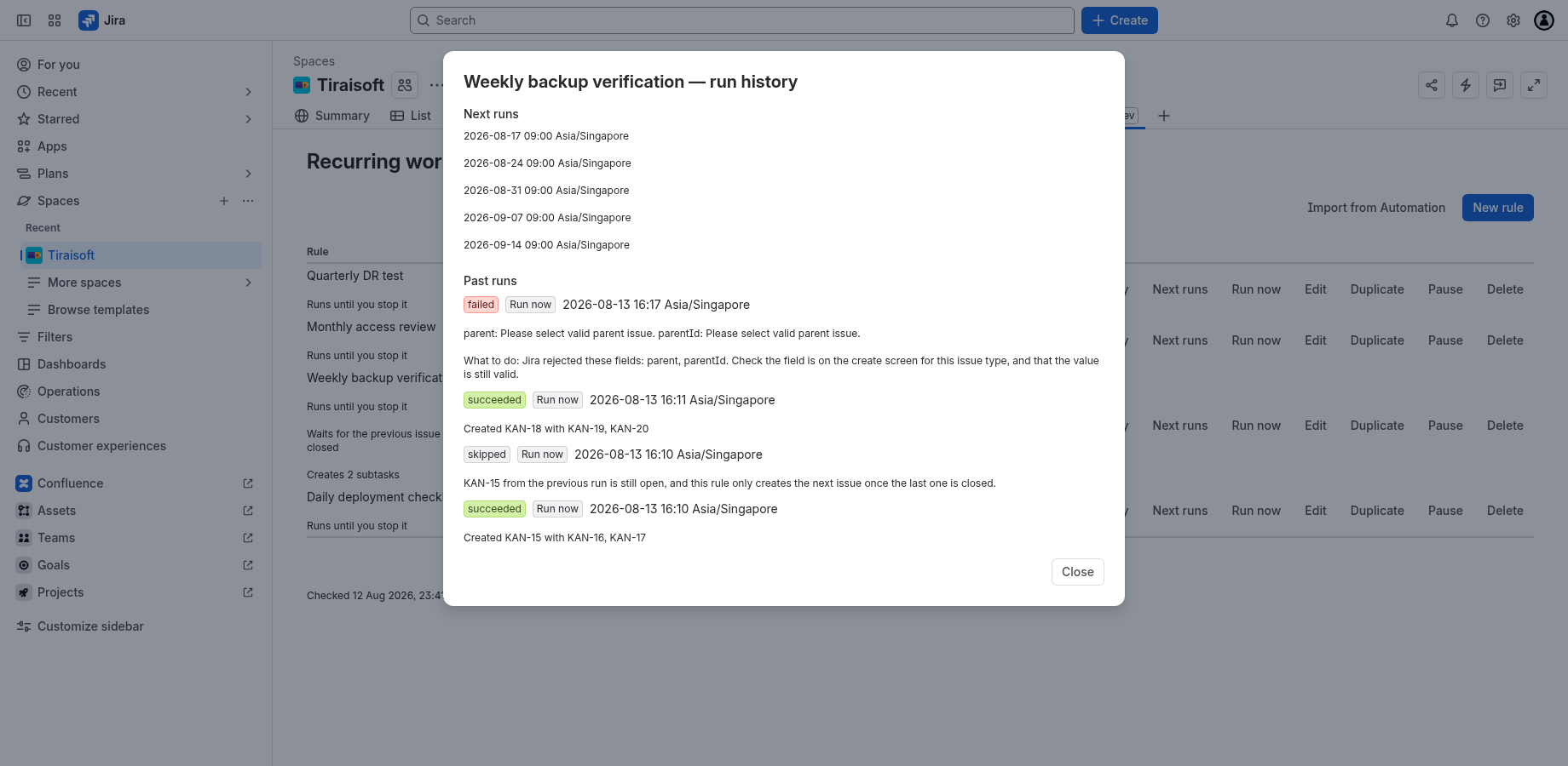 Run history for one rule: the issue each occurrence created, and why an occurrence moved or was skipped.