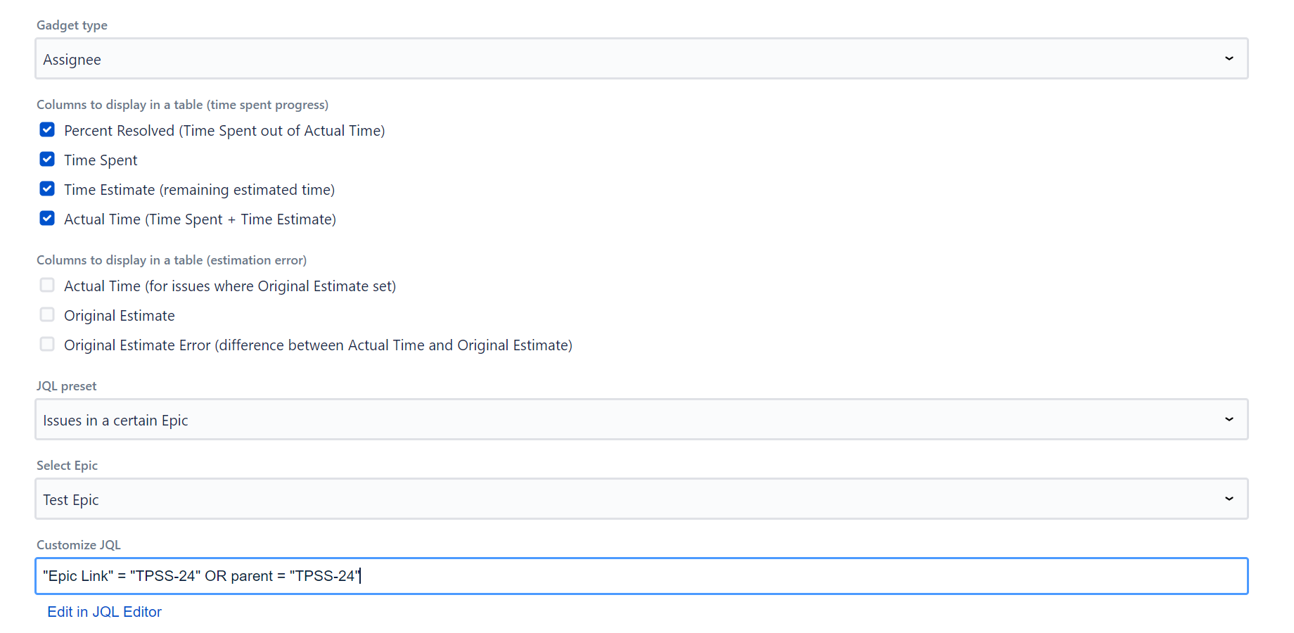 Gadget configuration screen accepting JQL filter