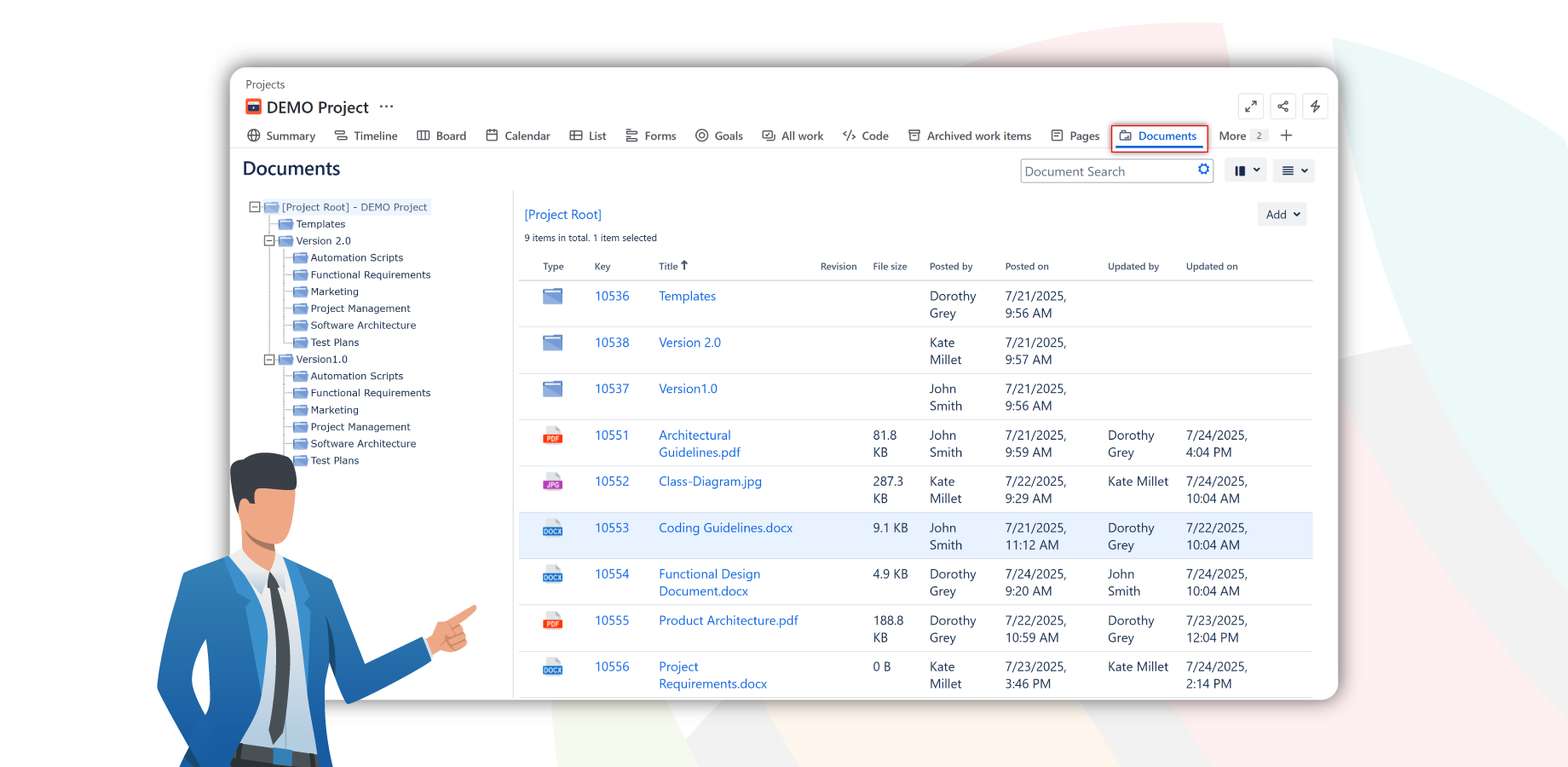 The "Documents" tab of a project displaying the folders and documents of that project.