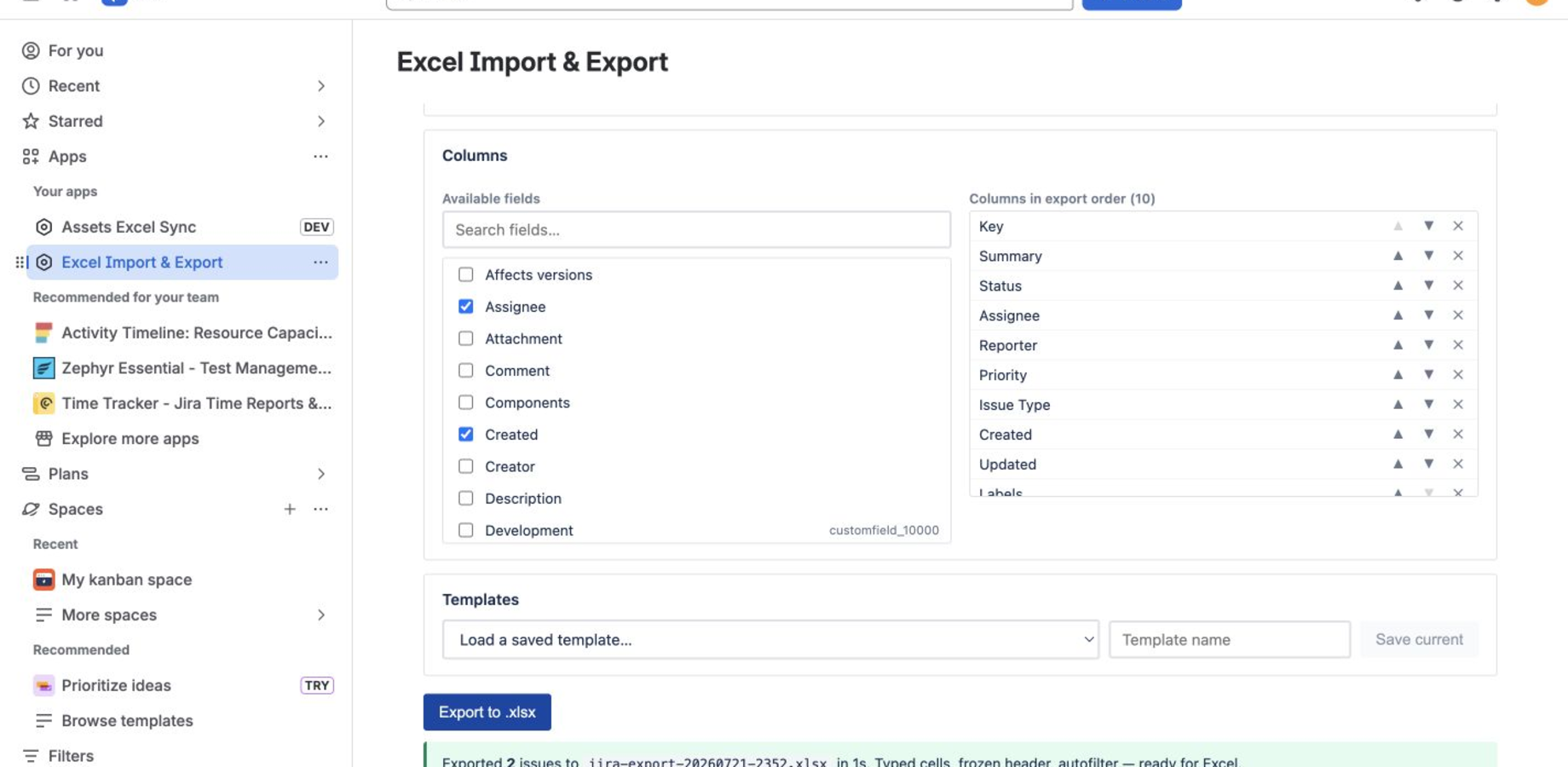 A completed two-issue XLSX export with a downloadable workbook and validation summary.