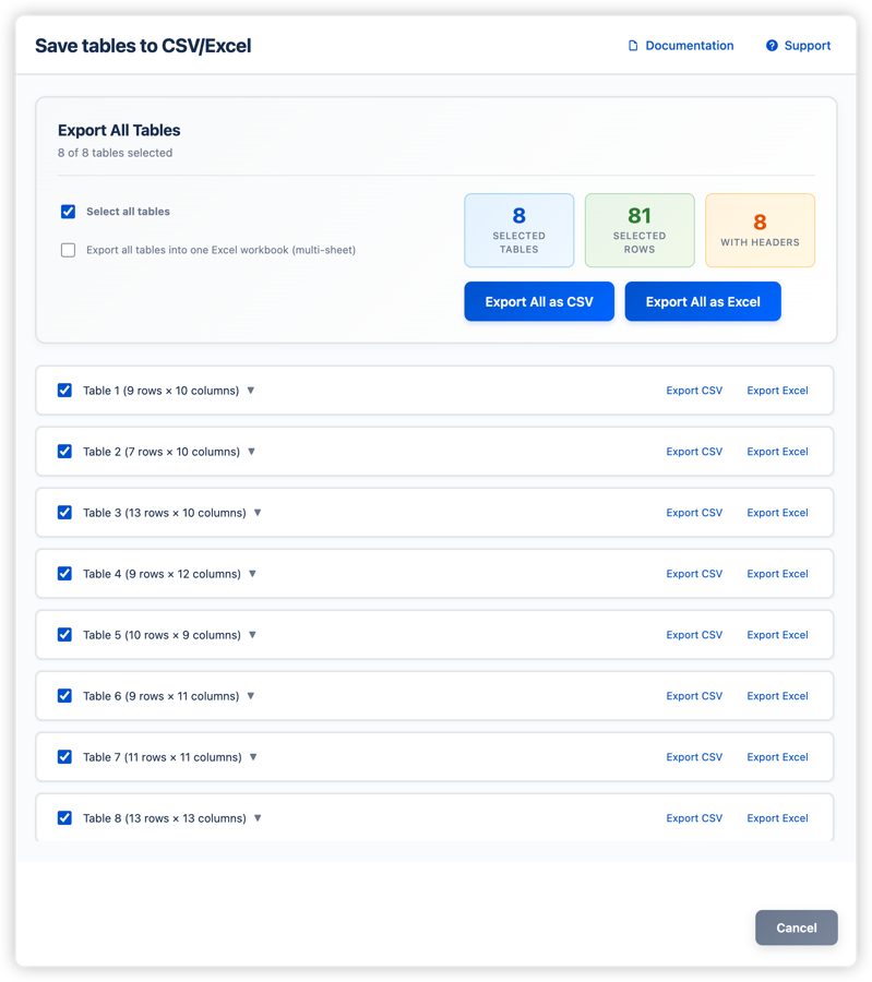 Select multiple tables and export them all at once to CSV or Excel. Choose between separate files or a single multi-sheet Excel workbook. Real-time statistics show selected tables and rows