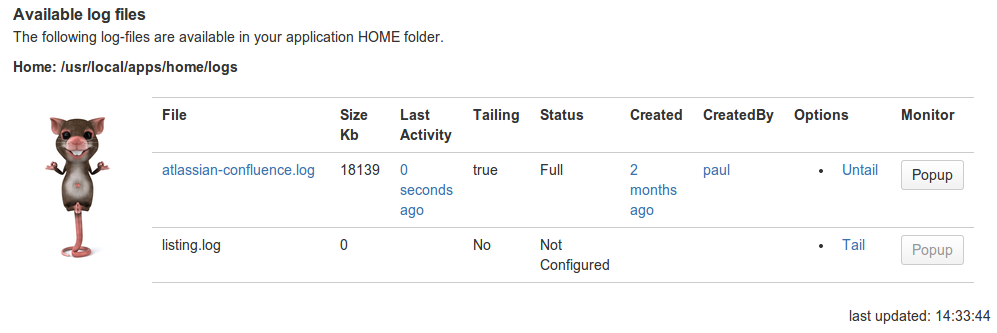 The Log Tailer admin screen shows all the logfiles found in your CONFLENCE HOME/log folder, their size and tailing status.