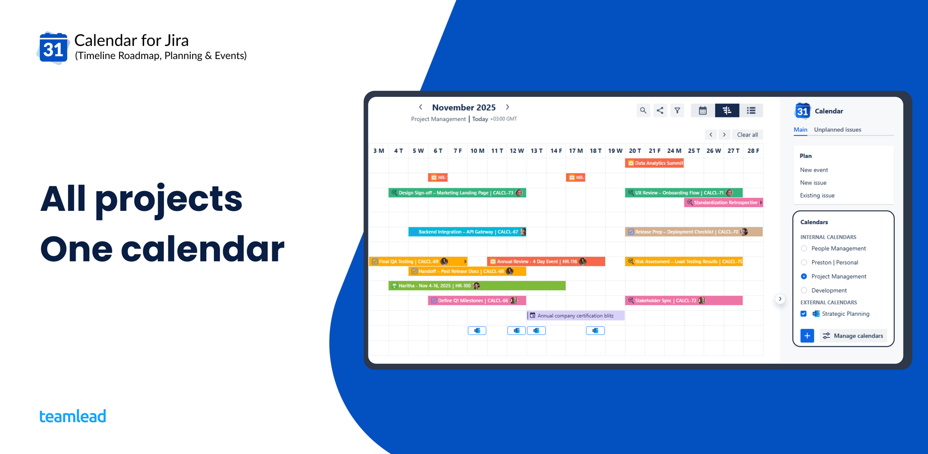 Shared Jira calendar showing issues from multiple projects in a single monthly view, with color-coded cards per project and multiple calendars listed in the sidebar