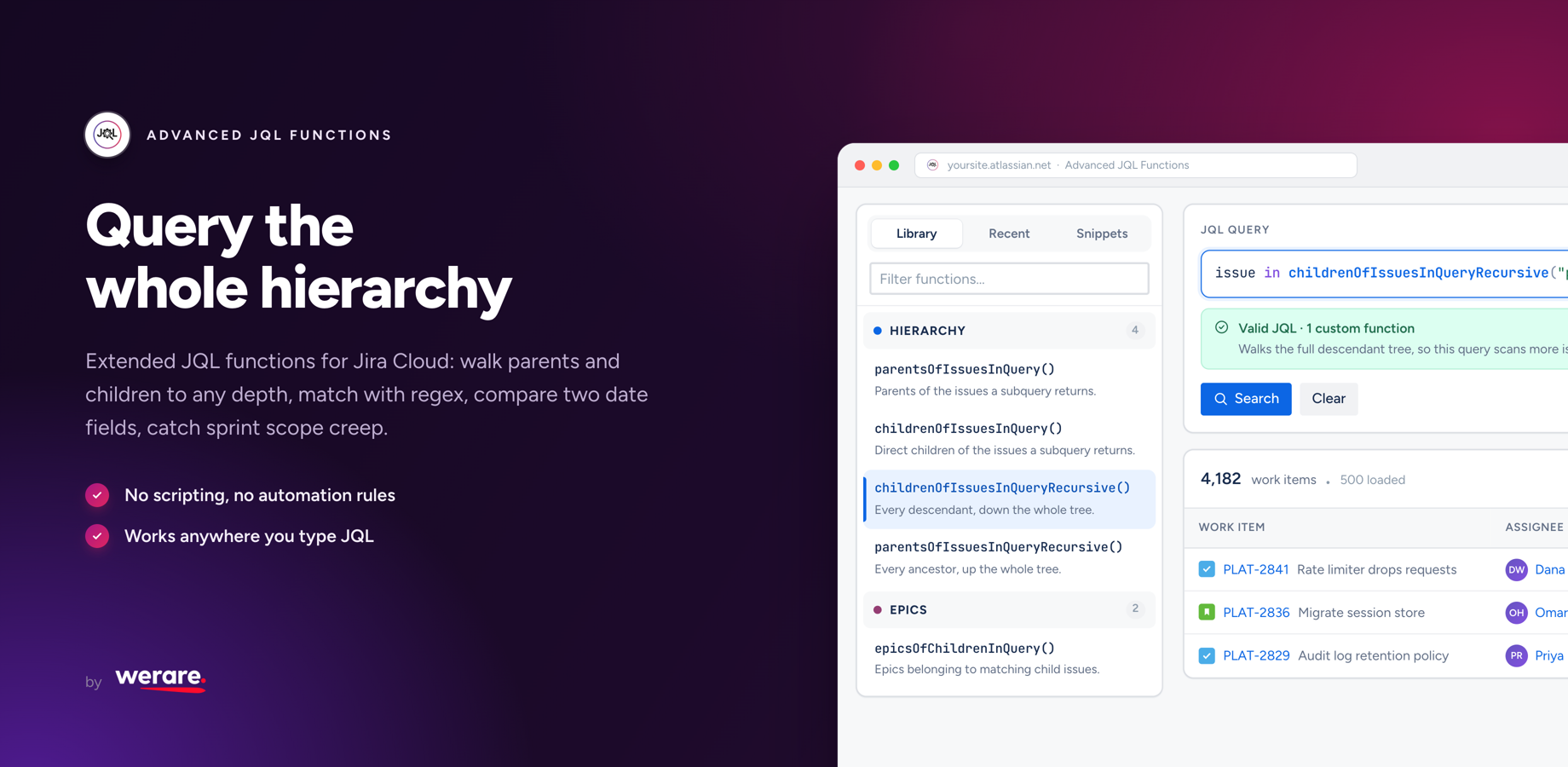 Search page with the function library, a JQL editor that validates custom functions and warns on cost, and the matching work items below.