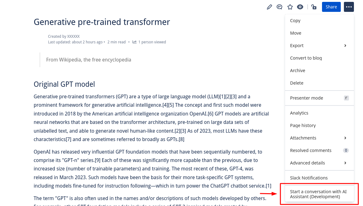 Your AI Assistant is easily accessible via the content action bar on any Confluence page. Your page content will already be part of its context.
