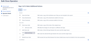 Bulk Clone options screen. Include subtasks, attachments, labels, link relationships, Workflow mappings, Edit & Move System & Custom fields for all issue types. Also on the right side of each section you have online help