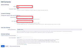 The basic configuration of a connector is usually simple. Depending on the remote system, you need something like an API Token to authenticate against the remote system's API. The Screenshot shows OKTA as an example.
