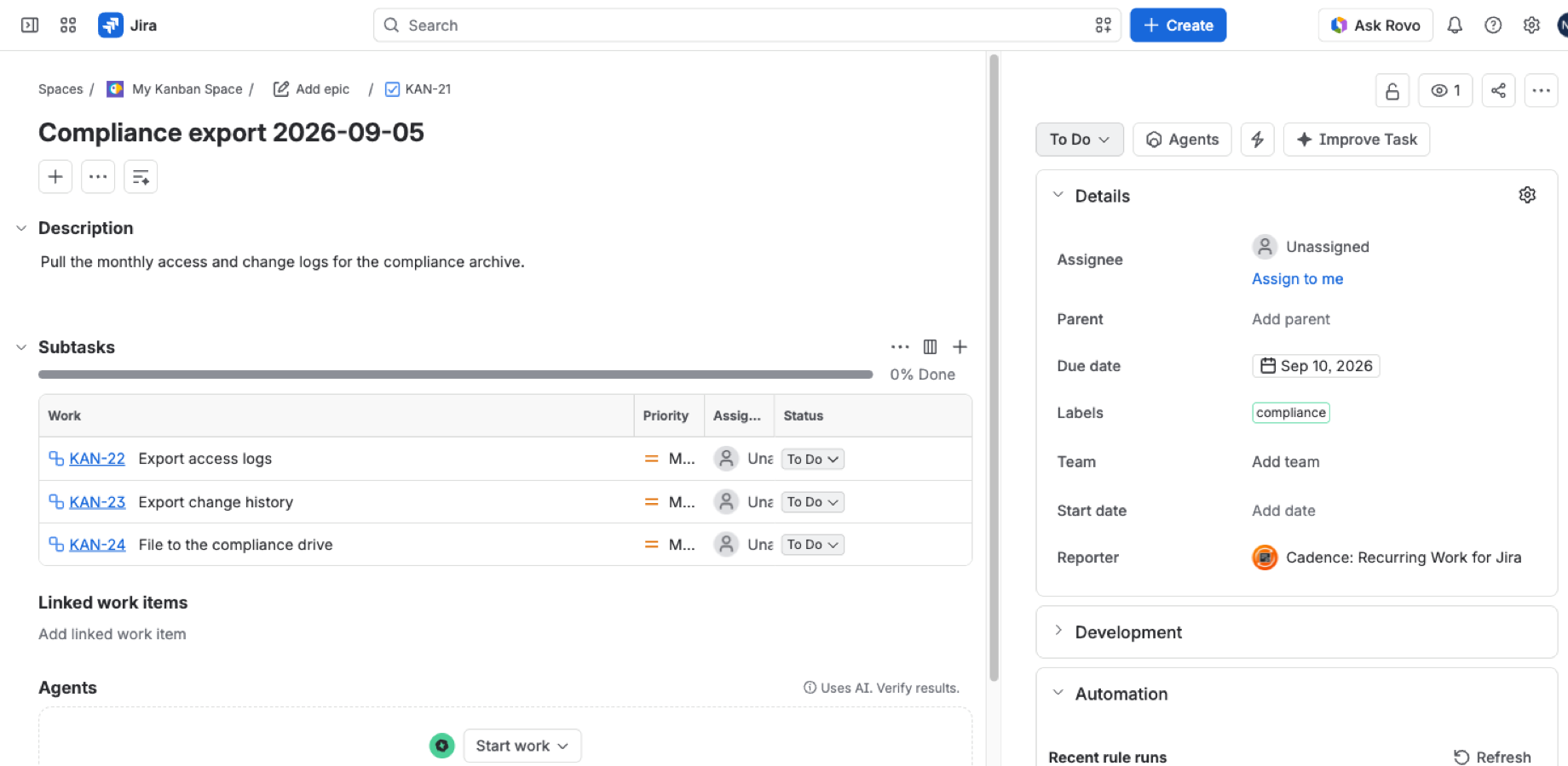 A work item created by Cadence showing the resolved date in its summary, three subtasks, a due date and the label from the template