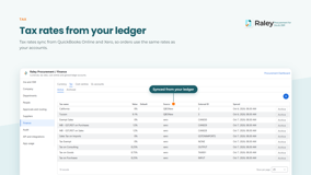 Finance, Tax tab: every rate your orders can carry, its percentage, whether it is the default, its source (QuickBooks Online, Xero, or manual), its external ID, and its last sync time.