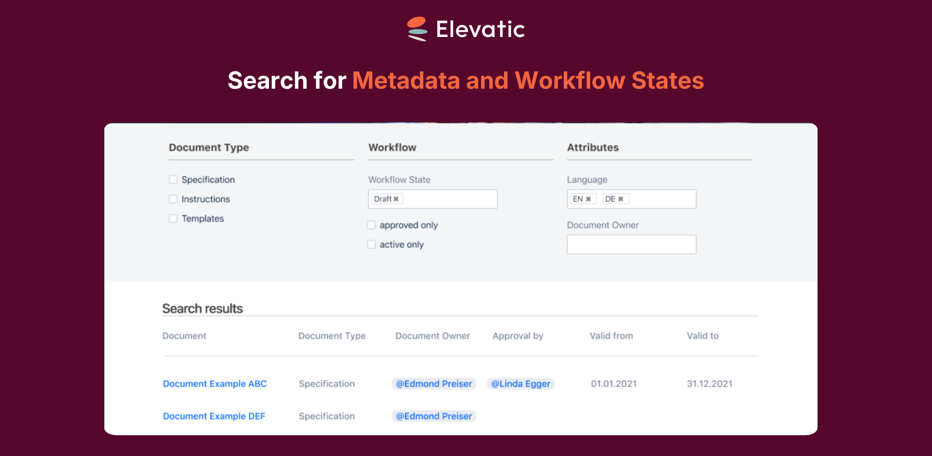 You can filter by metadata and workflow states and display the metadata in the search results.