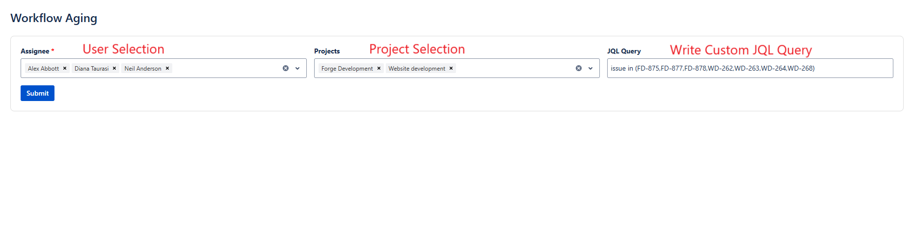 Include Username, Project name, and Custom JQL query values in your filter to obtain the desired results presented in a straightforward tabular format.