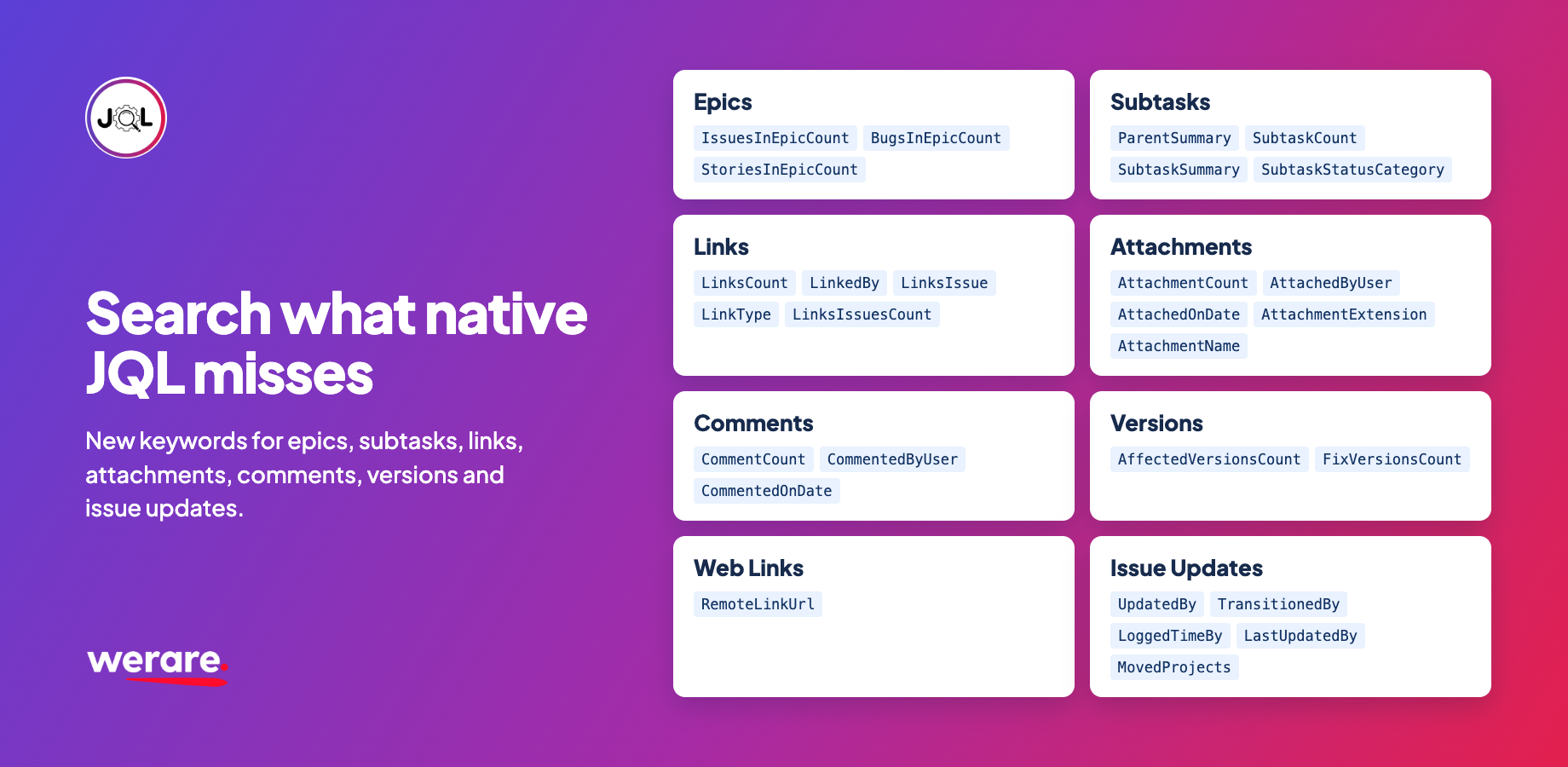 Search what native JQL misses. New keywords for epics, subtasks, links, attachments, comments, versions, web links and issue updates, such as BugsInEpicCount, SubtaskStatusCategory and TransitionedBy.