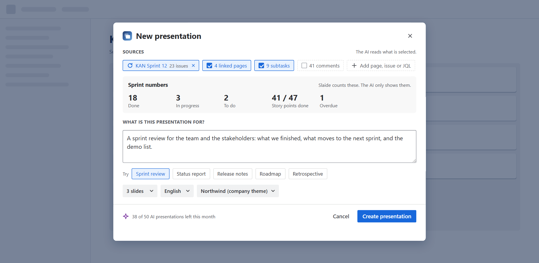 The composer on a Jira sprint: the sources, the numbers Slaide counted, and one field for the purpose.