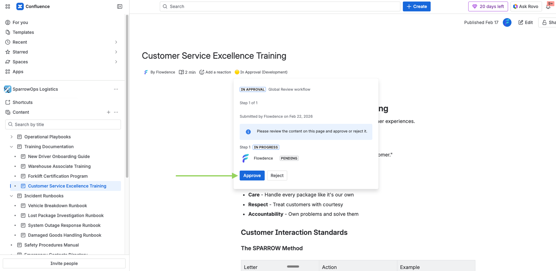 Confluence page showing the author requesting for approval