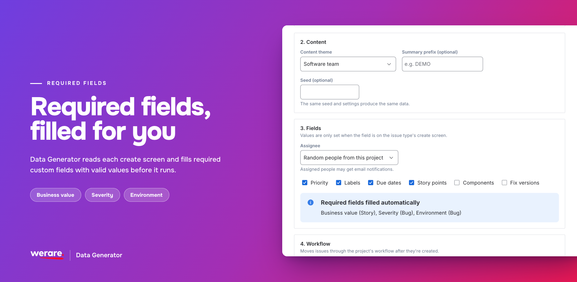 Fields step: assign issues to random people in the project, choose optional fields like priority, labels, due dates and story points, and see which required custom fields are filled automatically.