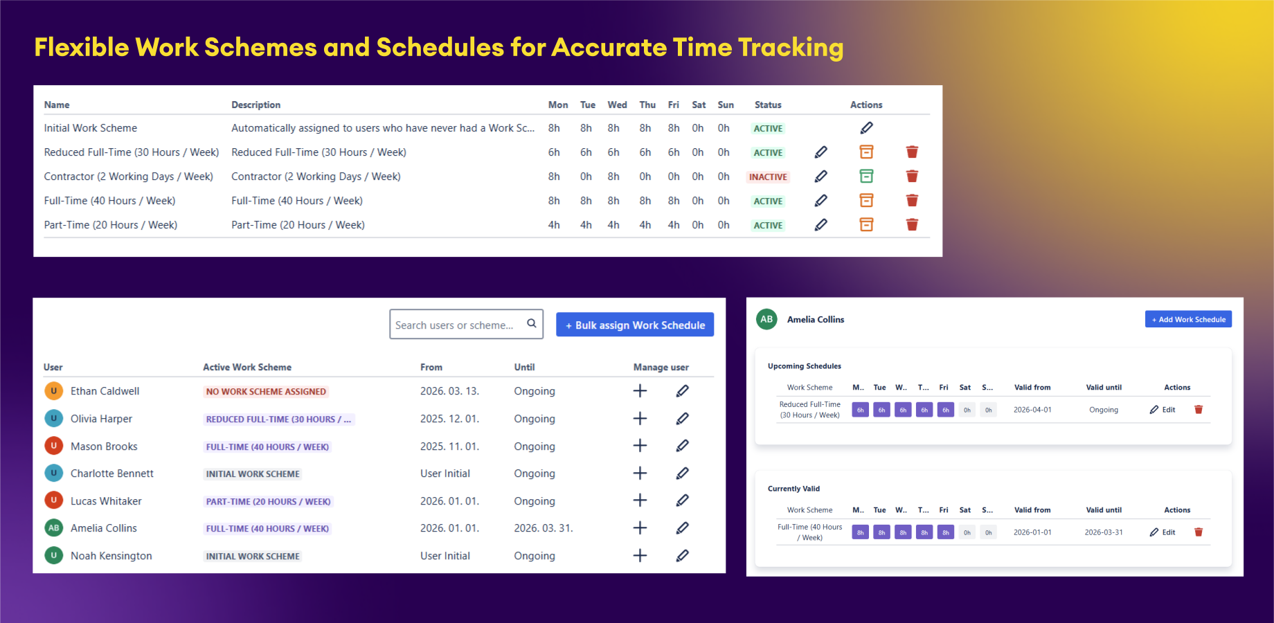 Define reusable Work Schemes for different working patterns and assign them to users through Work Schedules.