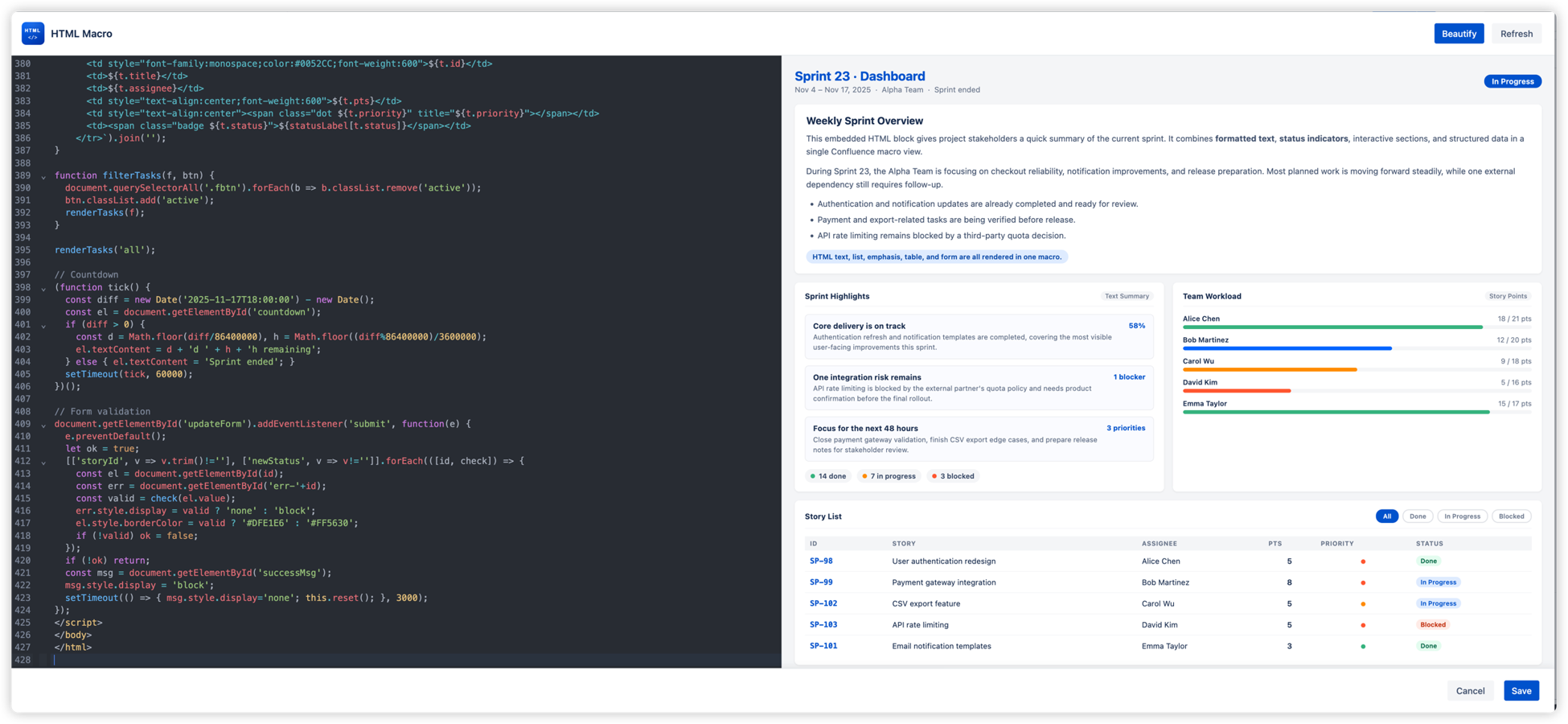 A split-view editing experience for building rich custom layouts with real-time preview.