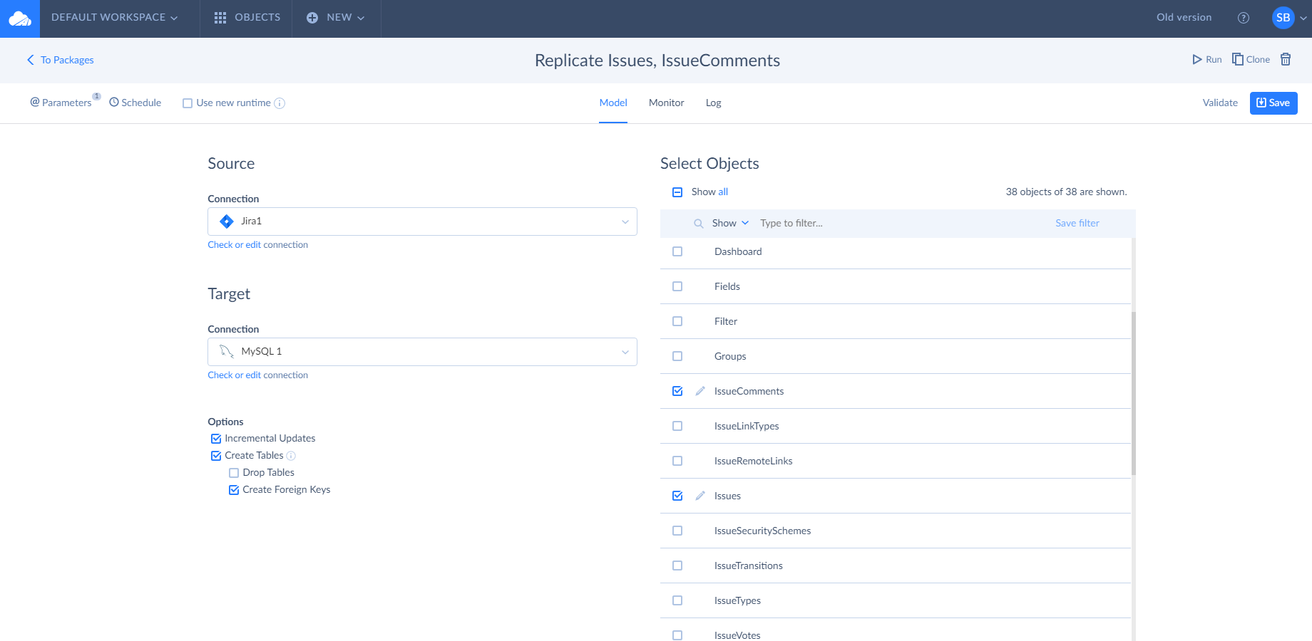 Replication automatically creates tables for selected data during the first run and loads all the data. Then Jira issues can be updated incrementally to keep the database up-to-date with Jira.