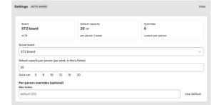 Configure your board and default weekly capacity, with optional per-person overrides for accurate forecasting.