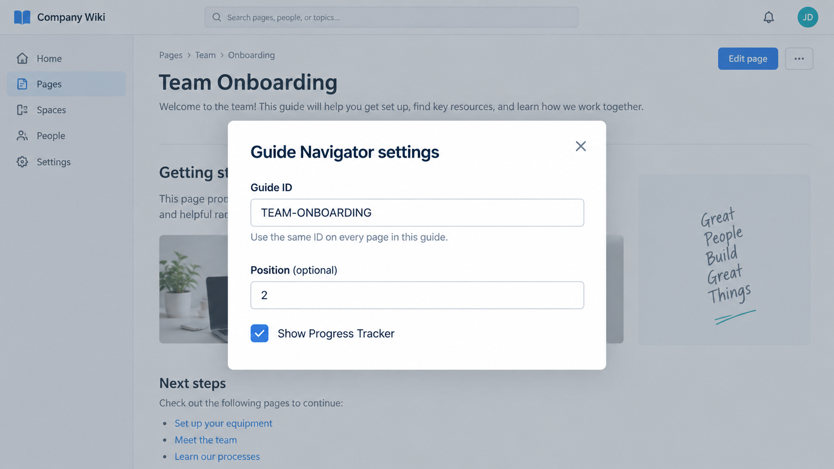 The optional progress tracker gives readers a visual sense of their place in the guide.
