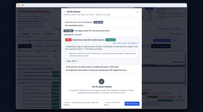 Review with AI before anything reaches Jira: the app's own checks first, then the AI's second opinion, which never changes a date by itself.