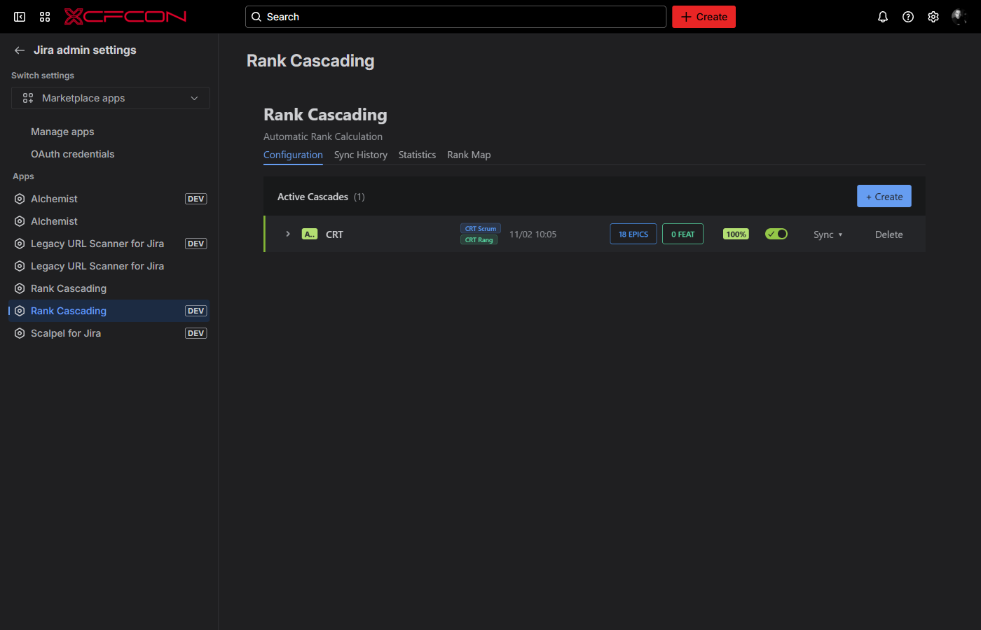 The Rank Cascading admin with one active portfolio cascade on the CRT board: 18 epics, 100 percent sync health and a one-click Sync action.