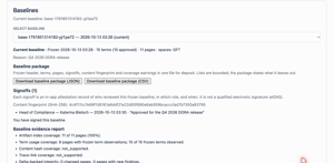 Terminology baseline: freeze approved DORA terms and Confluence page versions, then record role-based sign-offs bound to a content fingerprint.