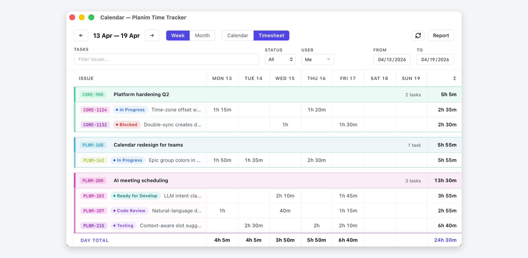 Timesheet grouped by epic