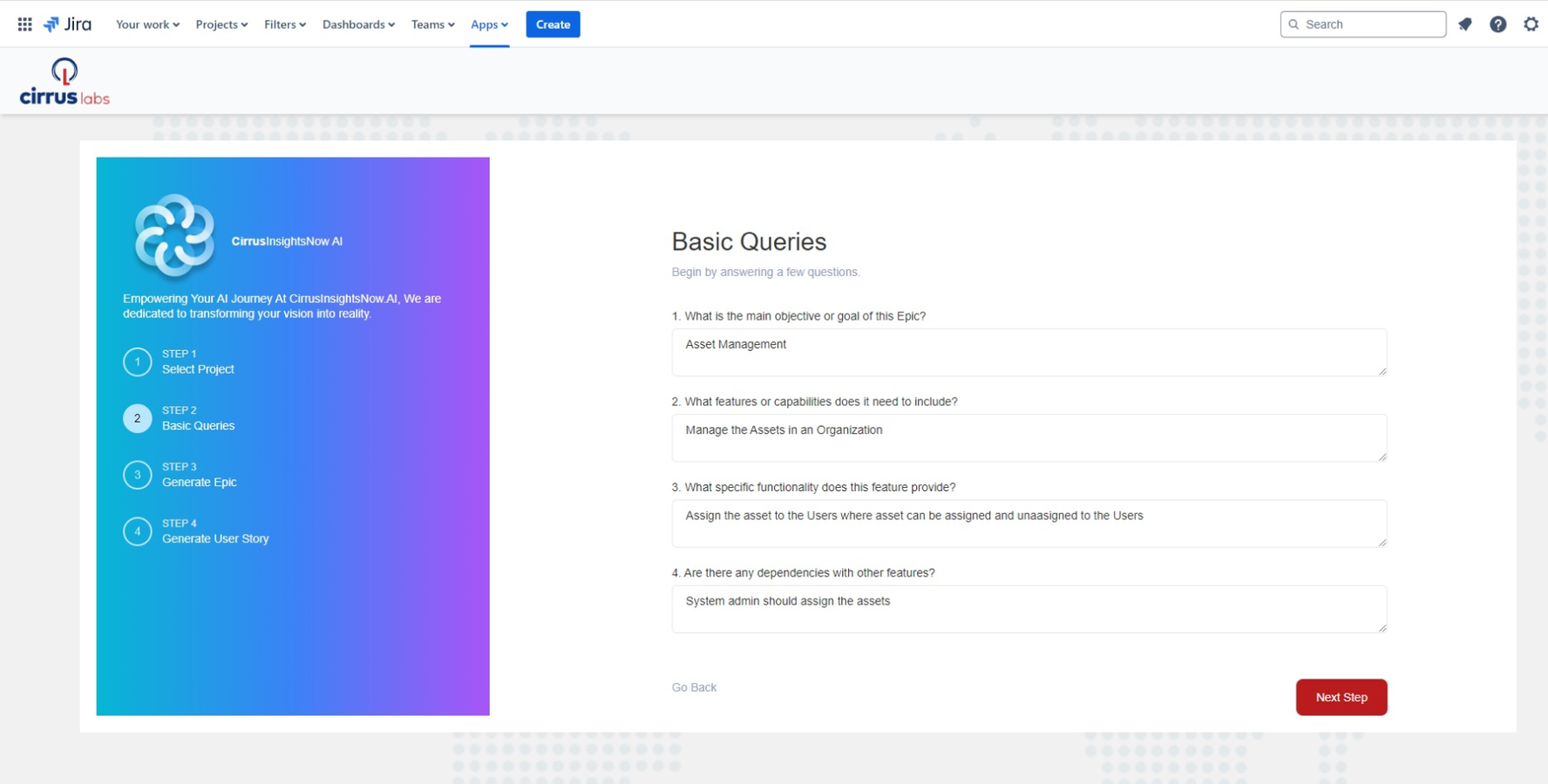After selecting the project, here you have to give a brief input to define what is the value / outcome what you need from the Epic