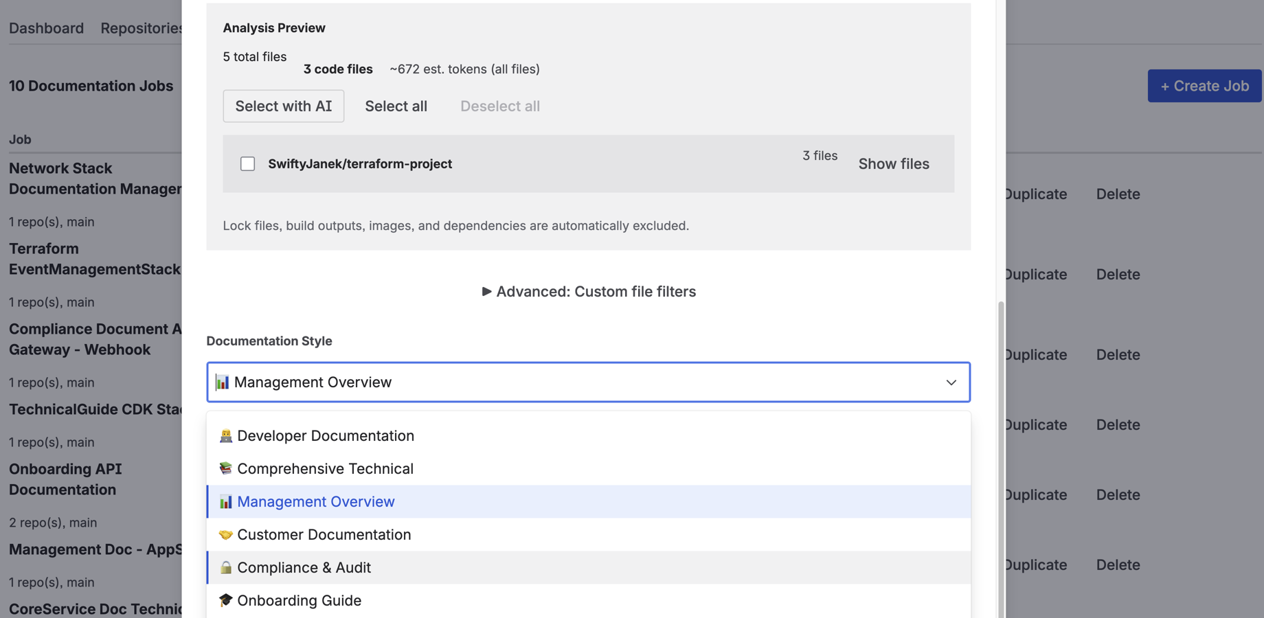 Job creation with AI file analysis preview and documentation style selector showing 7 built-in presets