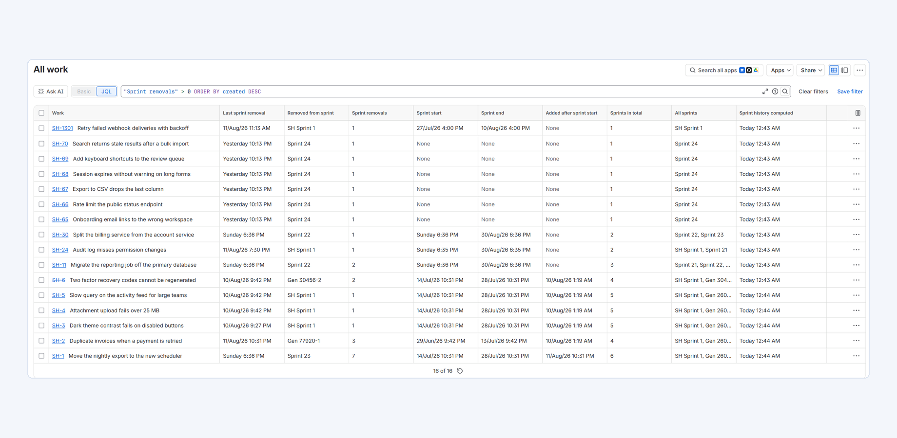 The query is in the box at the top, the nine fields are the columns. Sort by any of them, save the result as a filter, pin it to a board.