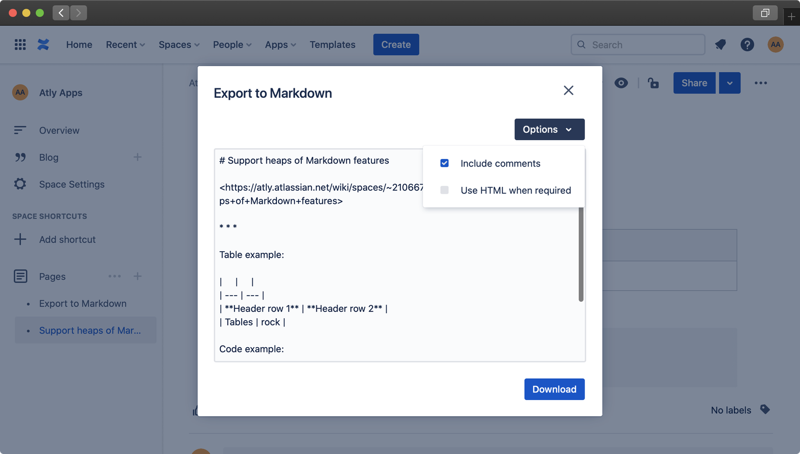 Export to Markdown modal open displaying a sample export that includes a table and JavaScript code block.