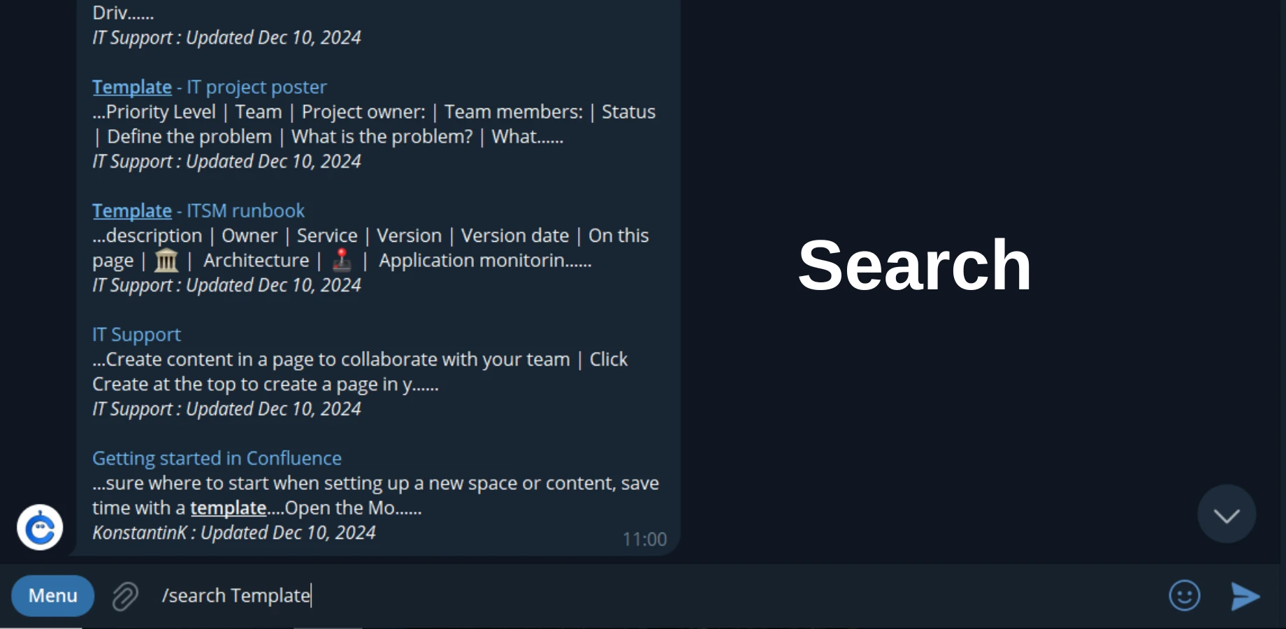 Perform keyword searches across Confluence pages without leaving Telegram