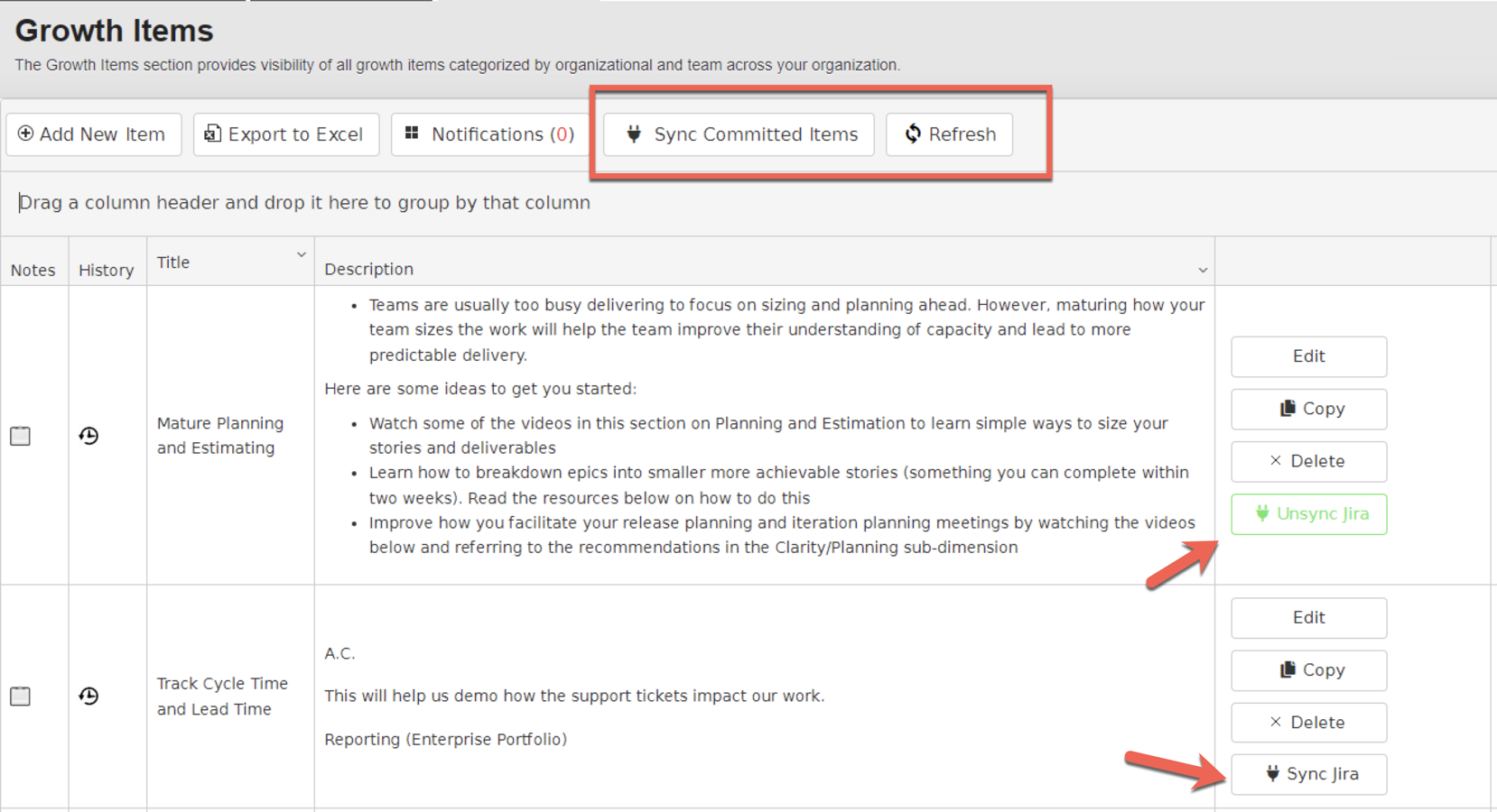 Synch Growth Items back to Jira