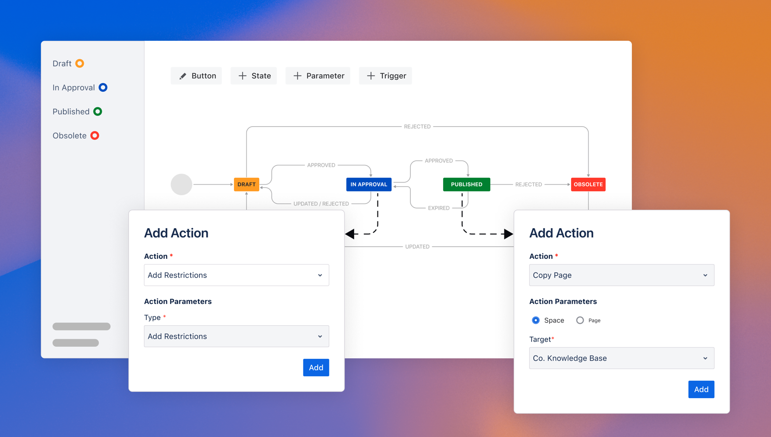 Automate document workflows in Confluence with Comala Document Management. Build custom actions, such as restrictions and page copies, to streamline governance across every document state—from draft to publication.