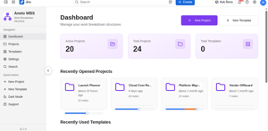 Dashboard of WBS projects with active counts, recently opened cards, node counts, and progress.