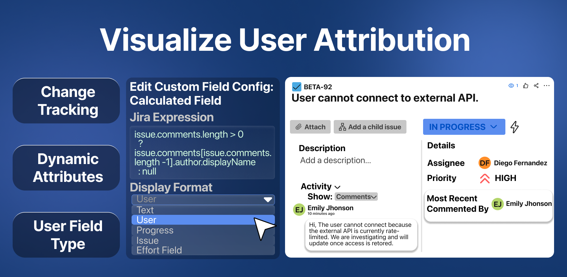 The calculated field on an issue view screen, displaying the user who left the most recent comment, along with their avatar, derived from a Jira Expression.