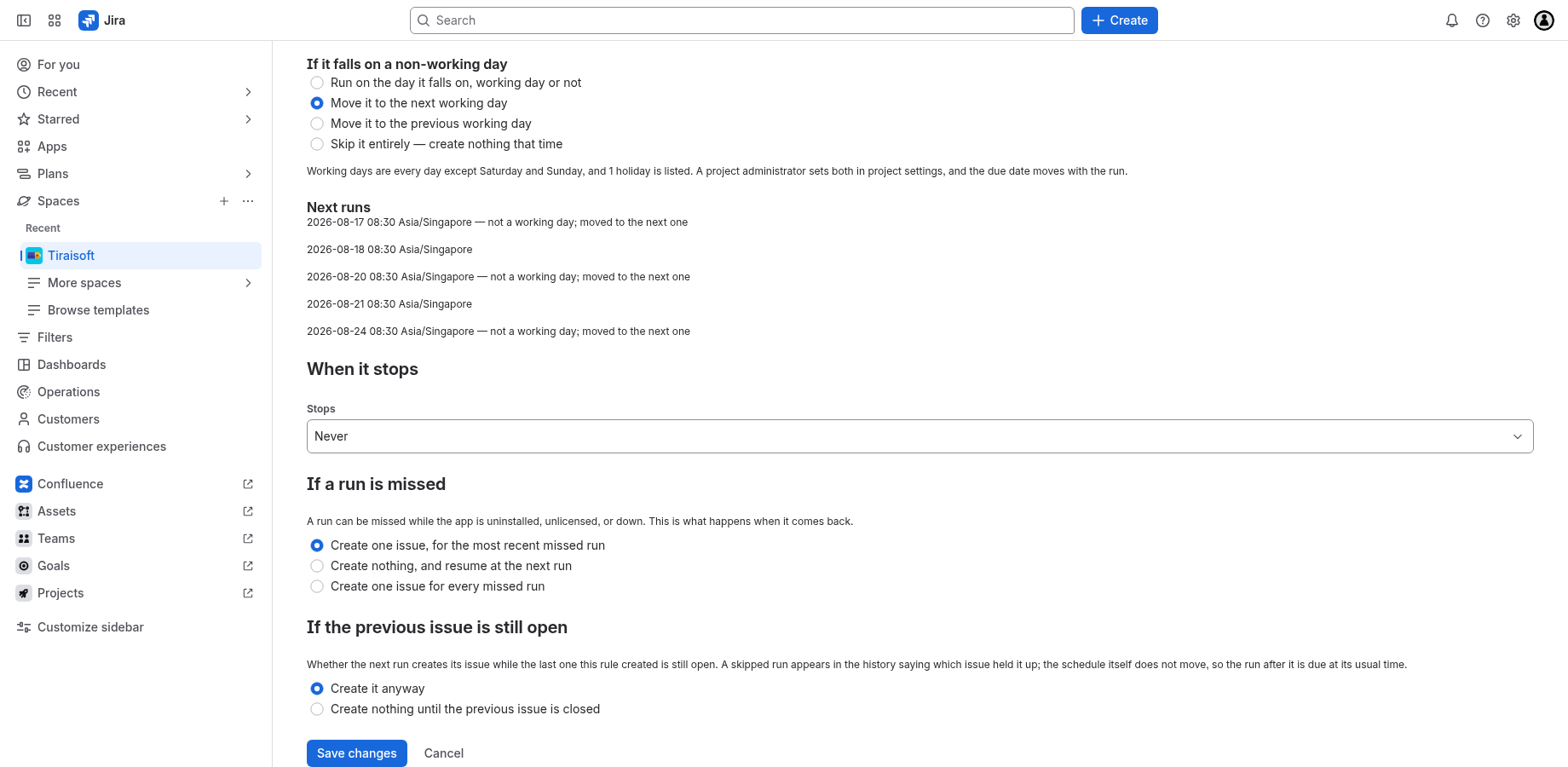 The next five runs previewed live as you edit — with the days your team does not work already taken out.