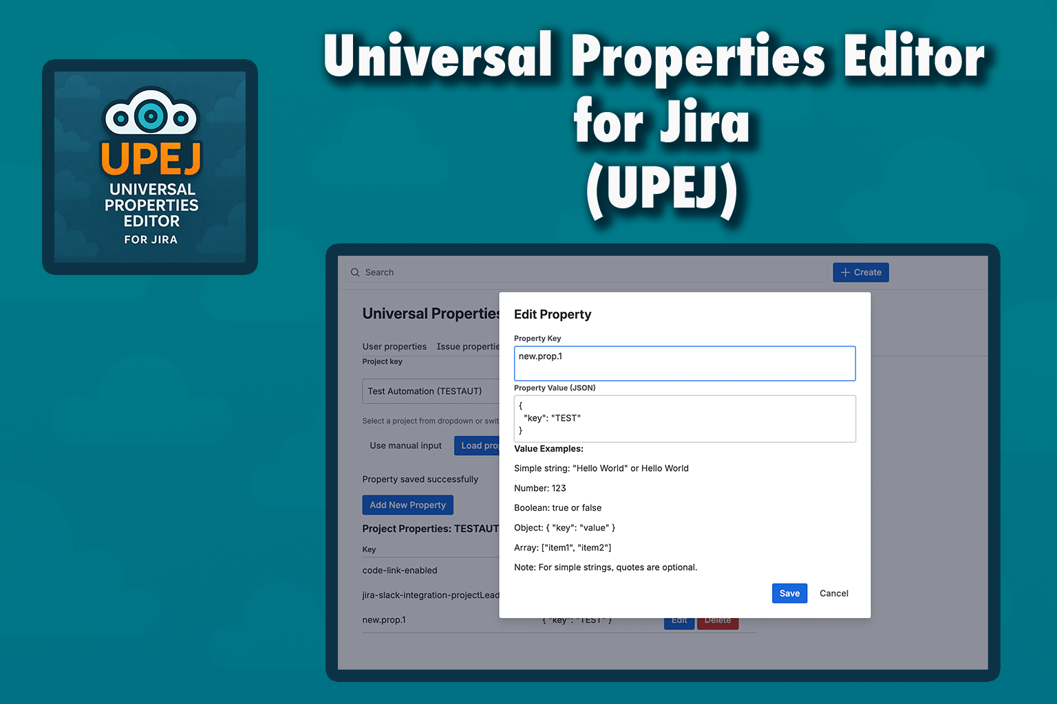 Edit Property modal with key input, JSON value field, supported type hints, and Save/Cancel for confident admin edits.